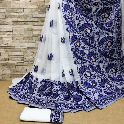 DURGA TEXTILE Woven, Printed, Self Design, Embellished, Floral Print, Blocked Printed Jamdani Cotton Blend, Jacquard Saree(White, Dark Blue)