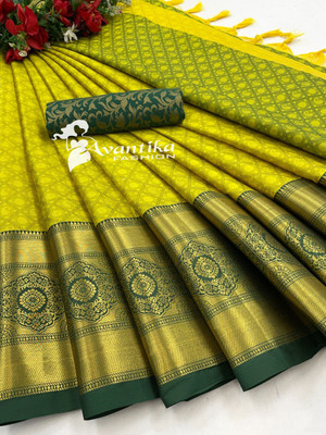 AVANTIKA FASHION Printed Banarasi Art Silk, Cotton Silk Saree(Green, Yellow)