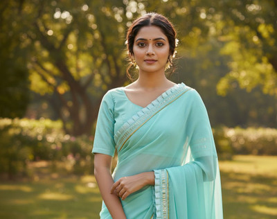 SRVESU Solid/Plain Bollywood Georgette Saree(Light Blue)