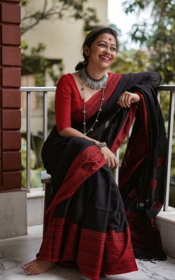 NEERPA Woven Banarasi Cotton Blend Saree(Black)