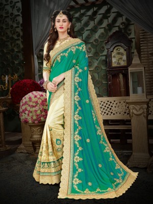 MANOHARI Embroidered Bollywood Art Silk Saree(Green, Cream)