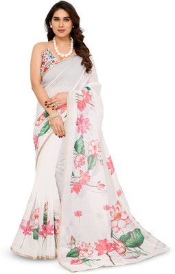 Moda Rapido Printed Bollywood Silk Blend Saree(White)