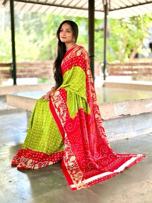 MAHADEV NX Printed Bandhani Crepe, Silk Blend Saree(Multicolor)