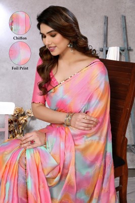 FABMORA Color Block, Printed, Embellished Bollywood Chiffon Saree(Pink)