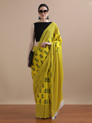 SHIVANYA HANDICRAFTS Printed, Floral Print, Blocked Printed Daily Wear Pure Cotton Saree(Yellow)