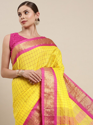 KCF Checkered Handloom Cotton Silk Saree(Yellow)