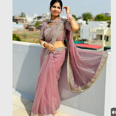 ShivGori Embroidered Bollywood Tissue, Silk Blend Saree(Pink)