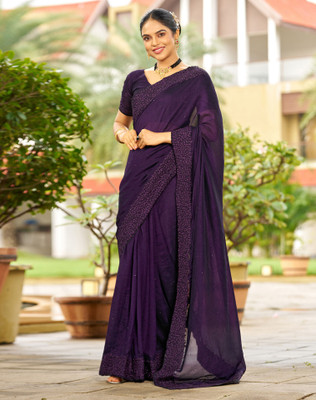 Samah Dyed, Embroidered, Embellished Bollywood Silk Blend Saree(Purple)