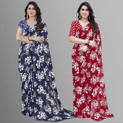 kashvi sarees Floral Print Daily Wear Georgette Saree(Pack of 2, Dark Blue, Red)