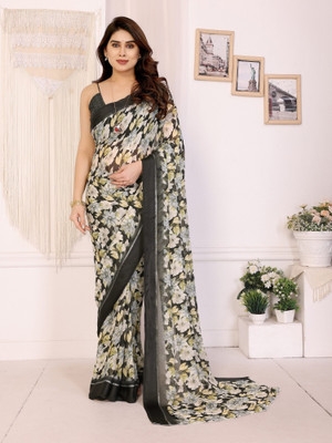 HouseOfCommon Digital Print, Floral Print Daily Wear Georgette, Satin Saree(Black)