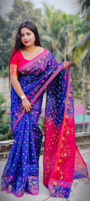 SMRITI HANDLOOM Woven Jamdani Handloom Cotton Silk Saree(Blue)