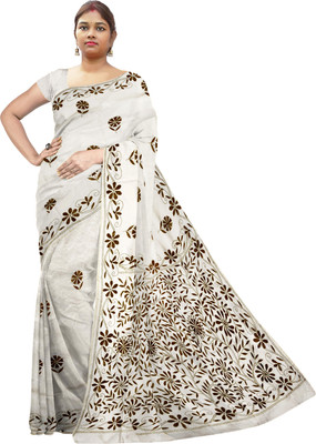 SHRISTI CLOTHINGS Embroidered Kantha Cotton Silk Saree(White)