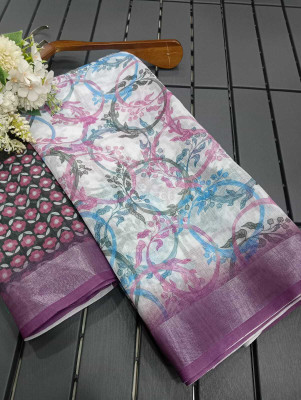 MAANVIT Printed Bollywood Linen, Cotton Linen Saree(Magenta, White)
