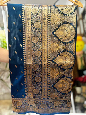 Sanskriti Drapes Embroidered Banarasi Pure Silk Saree(Dark Blue)