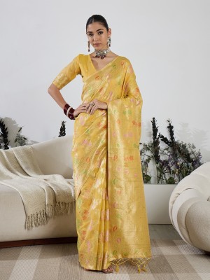 Vichitra Woven, Self Design Banarasi Cotton Blend, Jacquard Saree(Yellow)