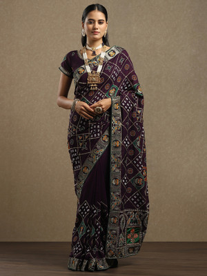Tasrika Embellished Bandhani Silk Blend Saree(Purple)