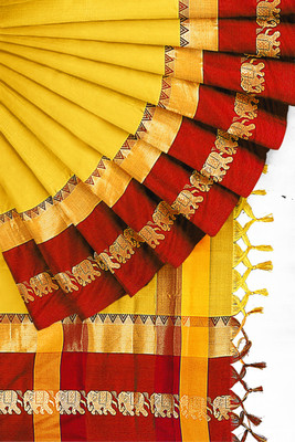 Vrinda Fashion Woven Narayanpet Cotton Silk, Pure Silk Saree(Yellow)