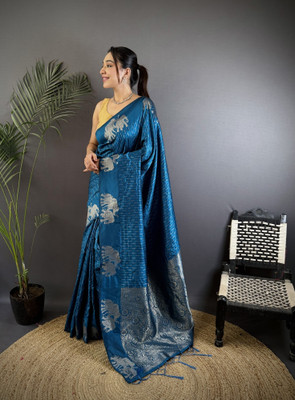 Tasrika Solid/Plain Banarasi Cotton Silk Saree(Blue)