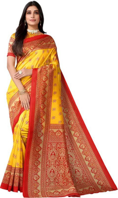 Grubstaker Printed Assam Silk Art Silk Saree(Yellow, Red)