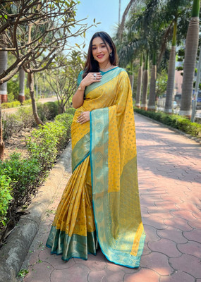 SICHYAH Woven, Self Design, Embellished Kanjivaram Tissue Saree(Yellow, Blue)