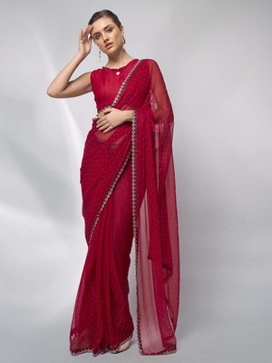 Kalista Embellished, Solid/Plain Bollywood Chiffon Saree(Red)