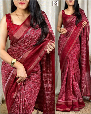 Bansari Textiles Self Design, Printed, Floral Print Bollywood Pure Cotton Saree(Maroon)
