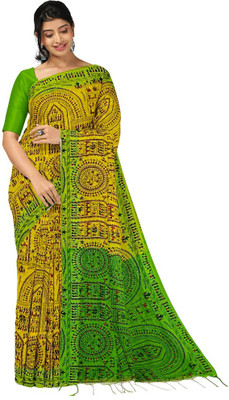 Joyguru Textile Printed Handloom Cotton Silk Saree(Yellow)