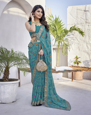 YASHIKA Printed Bollywood Georgette, Lace Saree(Blue)
