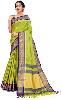 VISVASTA Woven Kanjivaram Jacquard, Cotton Silk Saree(Light Green)