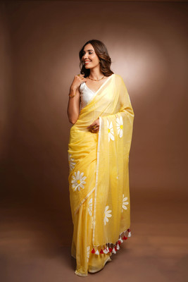 Vleez Printed Handloom Pure Cotton Saree(Yellow)
