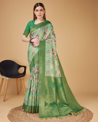 RekhaManiyar Floral Print Bollywood Cotton Silk Saree(Green)