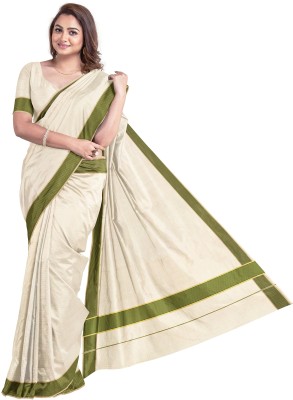 Chithra Fabrics Solid/Plain Kasavu Pure Cotton Saree(Beige)