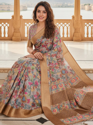 ZAMUNA Digital Print, Floral Print, Woven, Animal Print Banarasi Tussar Silk, Linen Saree(Grey)