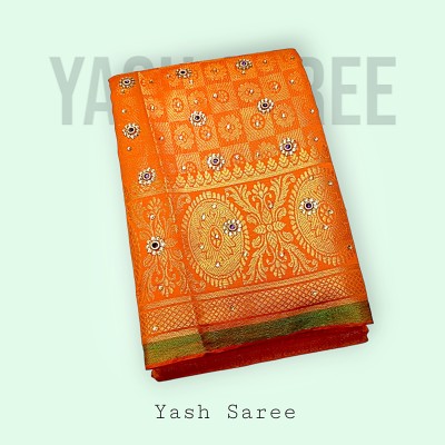 Yash silk international Woven Banarasi Silk Blend Saree(Orange)