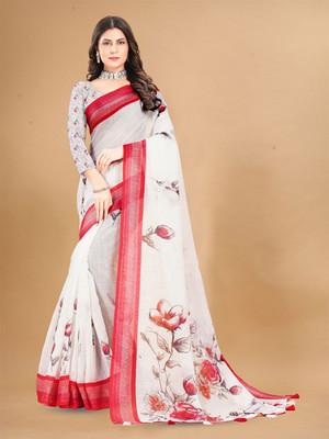 ANOUK Printed Saree with Attached Blouse Linen Saree(White)