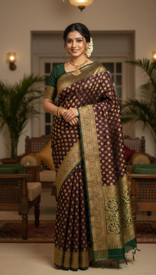 Neelima fasion Woven Banarasi Satin Saree(Brown)