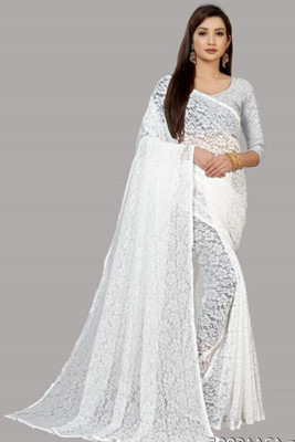 NORAFLEX Embroidered Bollywood Net Saree(White)