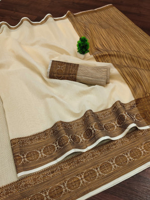 JINKUDI Solid/Plain Gadwal Cotton Silk Saree(Beige, White)