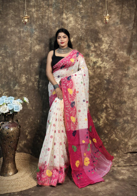 UR Affection Only Floral Print Jamdani Cotton Silk Saree(Cream, Pink)