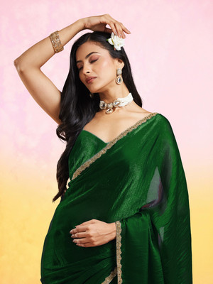 Croza Solid/Plain Bollywood Silk Blend Saree(Dark Green)
