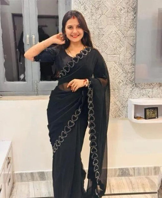 NIVUS Applique Bollywood Georgette Saree(Black)