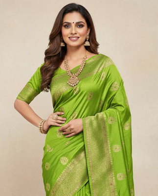 Anugrah Textile Printed Banarasi Lycra Blend, Chiffon Saree(Green)