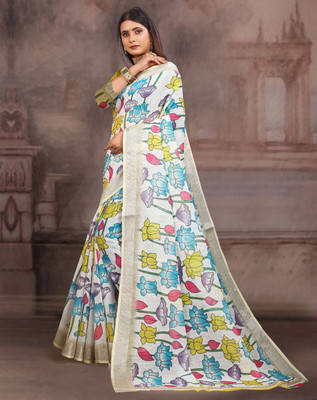 M MAANVIT Woven, Printed Kanjivaram Pure Cotton, Cotton Linen Saree(Yellow, White)