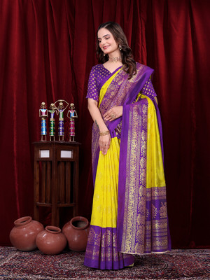 Kanooda Prints Printed Mysore Art Silk Saree(Yellow, Purple)