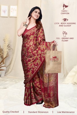 MIRCHI FASHION Printed, Floral Print Daily Wear Chiffon Saree(Multicolor, Red)