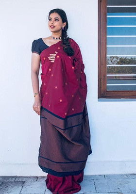 Rudr Venture Self Design Banarasi Cotton Silk Saree(Maroon)