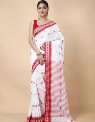 Parbati fashion Self Design Handloom Cotton Blend Saree(White)