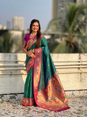 all about you Woven Paithani Silk Blend Saree(Green)