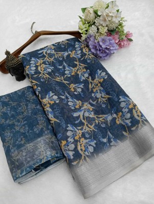 ASHTA Floral Print Bollywood Linen Saree(Dark Blue)