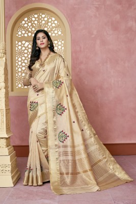 Divastri Embroidered Assam Silk Cotton Silk Saree(Cream)